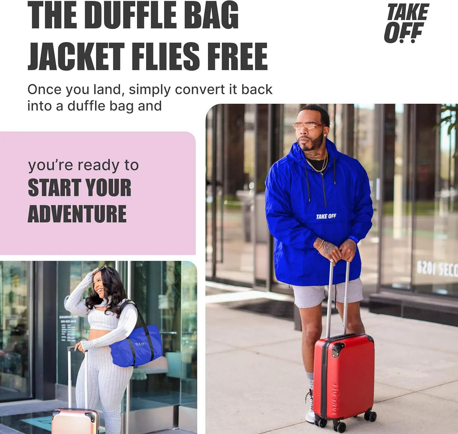 TAKE OFF 3-in-1 Duffle Bag Jacket, Converts Pouch to Duffle bag to Jacket, Kangaroo Pocket, Lightweight Jacket, Fit for Travel, Waterproof Rain Duffle Bag Jacket, Large, Blue
