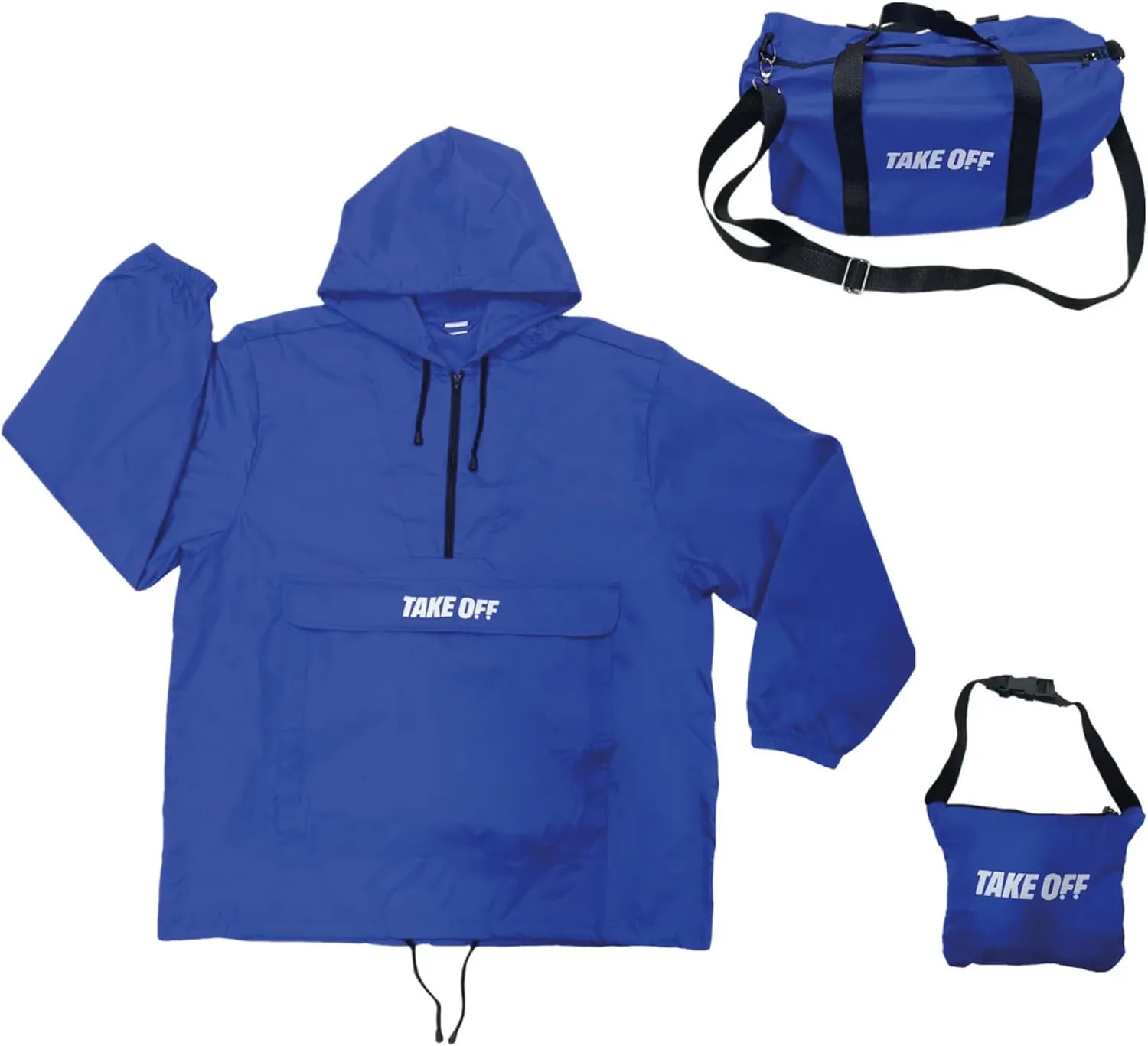 TAKE OFF 3-in-1 Duffle Bag Jacket, Converts Pouch to Duffle bag to Jacket, Kangaroo Pocket, Lightweight Jacket, Fit for Travel, Waterproof Rain Duffle Bag Jacket, Large, Blue