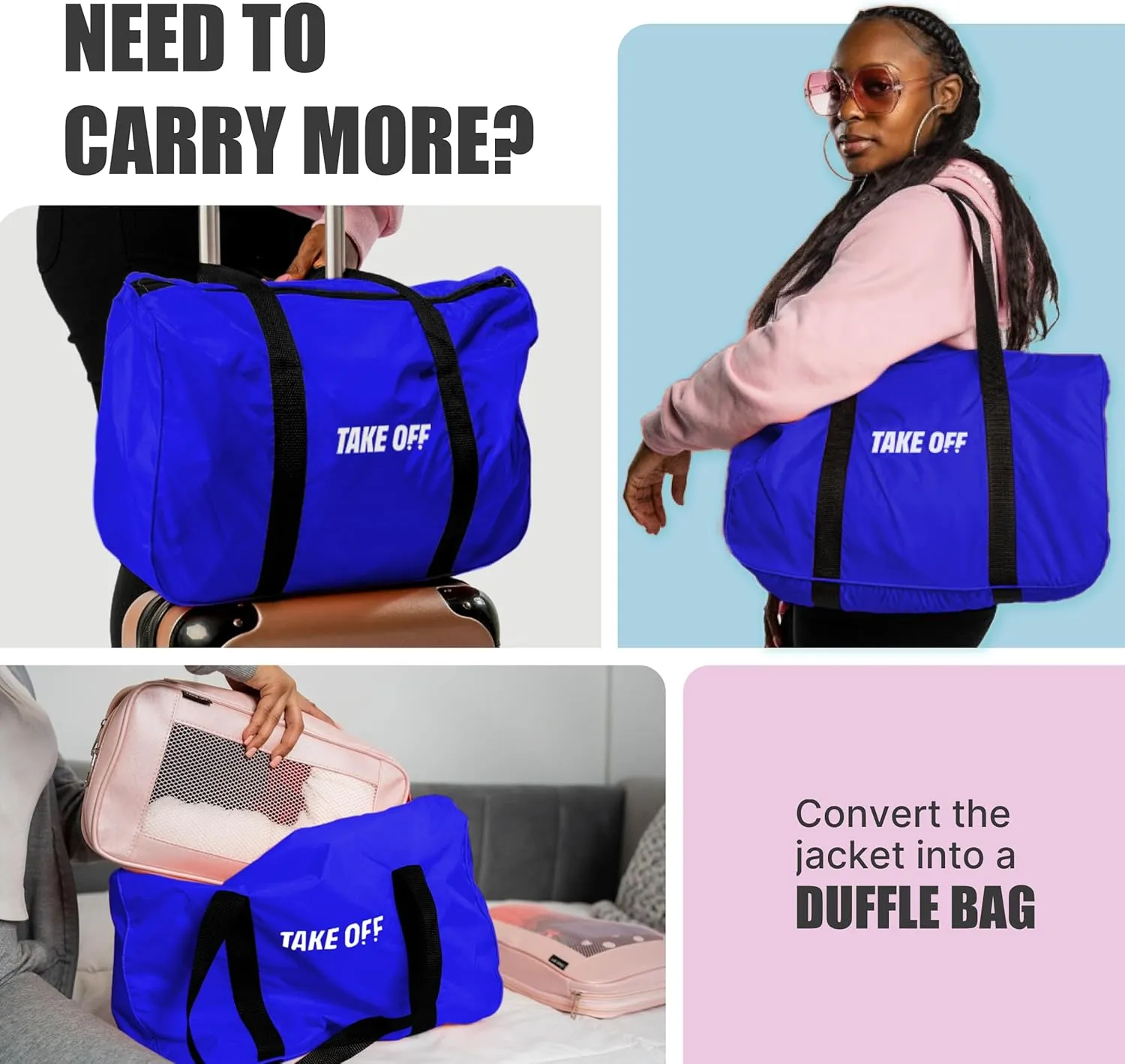 TAKE OFF 3-in-1 Duffle Bag Jacket, Converts Pouch to Duffle bag to Jacket, Kangaroo Pocket, Lightweight Jacket, Fit for Travel, Waterproof Rain Duffle Bag Jacket, Large, Blue