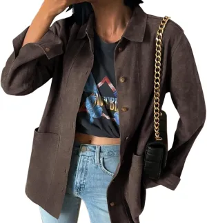 Tankaneo Womens Faux Suede Shirts Jackets Casual Button Down Long Sleeve Shackets Coat Trendy 2025 Spring Clothes