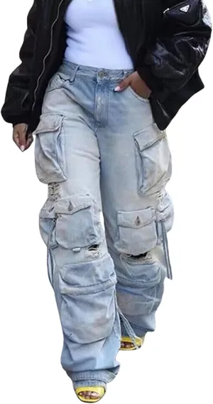 Tbahhir Distressed Ripped Cargo Jeans for Women High Waisted Baggy Wide Leg Boyfriend Y2K Streetwear Denim Pants Trendy