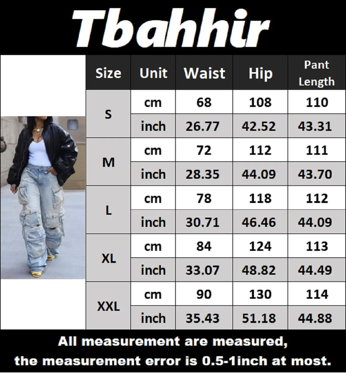 Tbahhir Distressed Ripped Cargo Jeans for Women High Waisted Baggy Wide Leg Boyfriend Y2K Streetwear Denim Pants Trendy