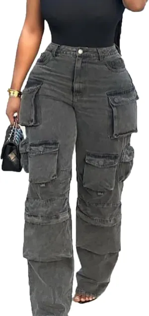 Tbahhir Distressed Ripped Cargo Jeans for Women High Waisted Baggy Wide Leg Boyfriend Y2K Streetwear Denim Pants Trendy