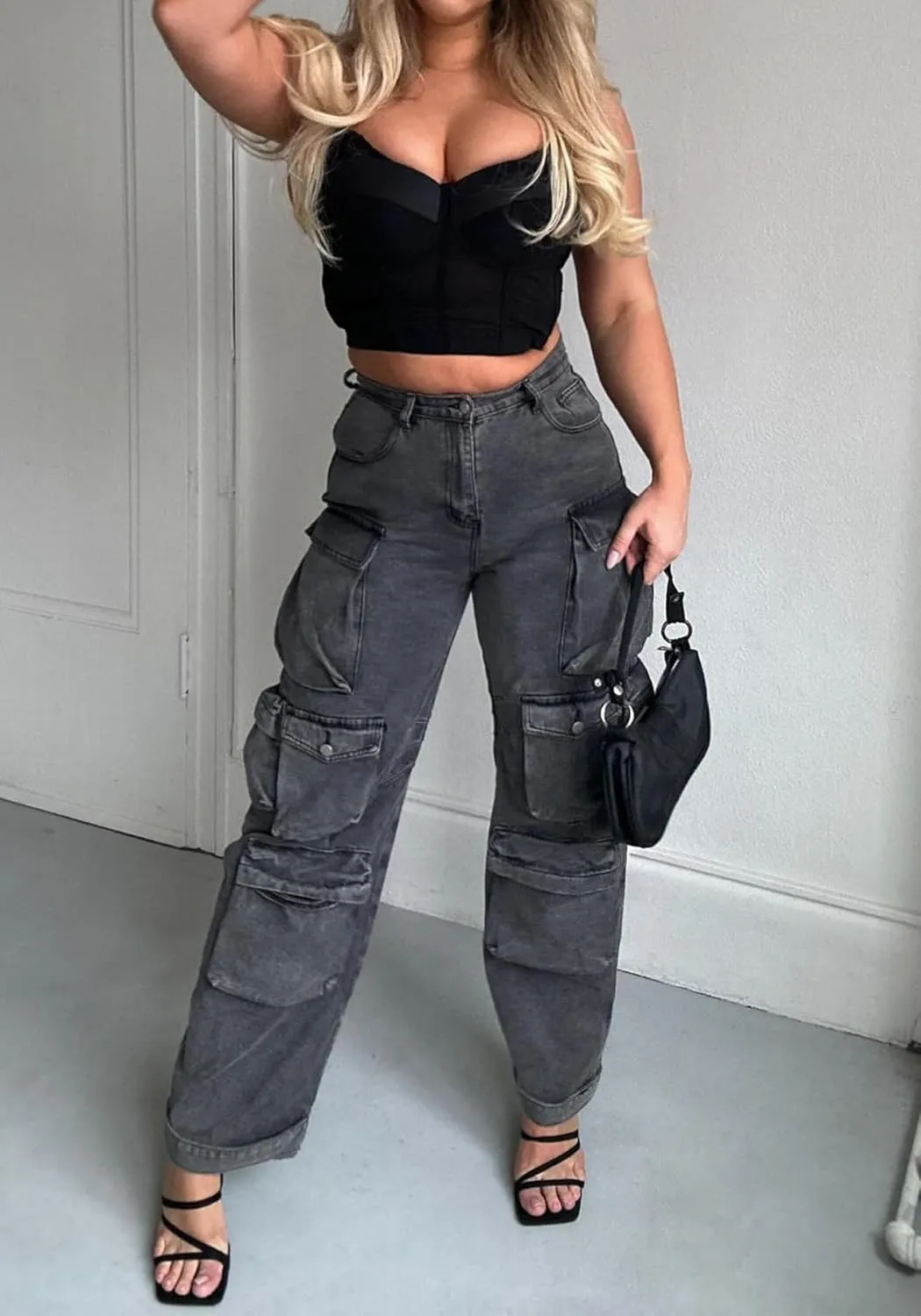 Tbahhir Distressed Ripped Cargo Jeans for Women High Waisted Baggy Wide Leg Boyfriend Y2K Streetwear Denim Pants Trendy