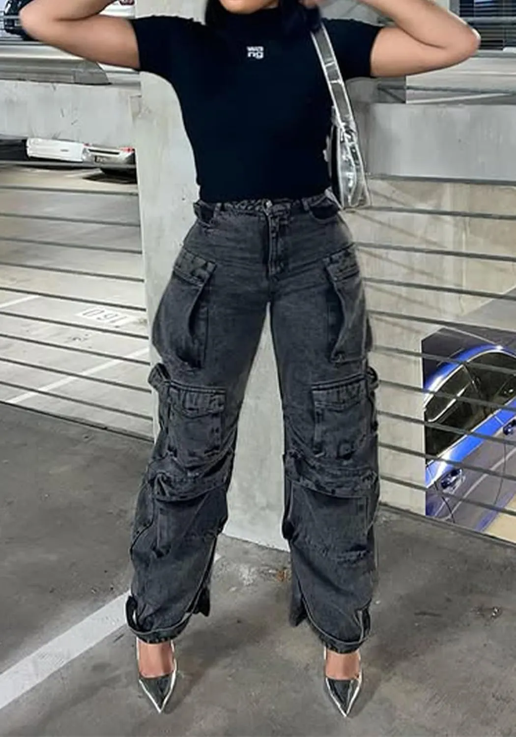 Tbahhir Distressed Ripped Cargo Jeans for Women High Waisted Baggy Wide Leg Boyfriend Y2K Streetwear Denim Pants Trendy