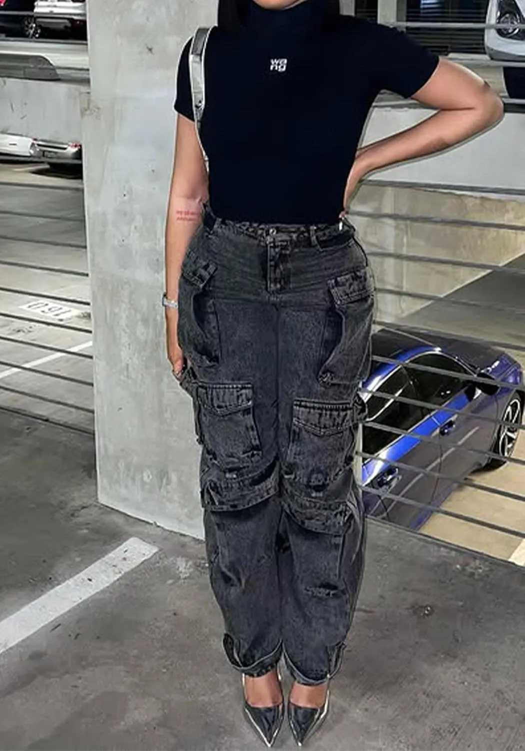 Tbahhir Distressed Ripped Cargo Jeans for Women High Waisted Baggy Wide Leg Boyfriend Y2K Streetwear Denim Pants Trendy