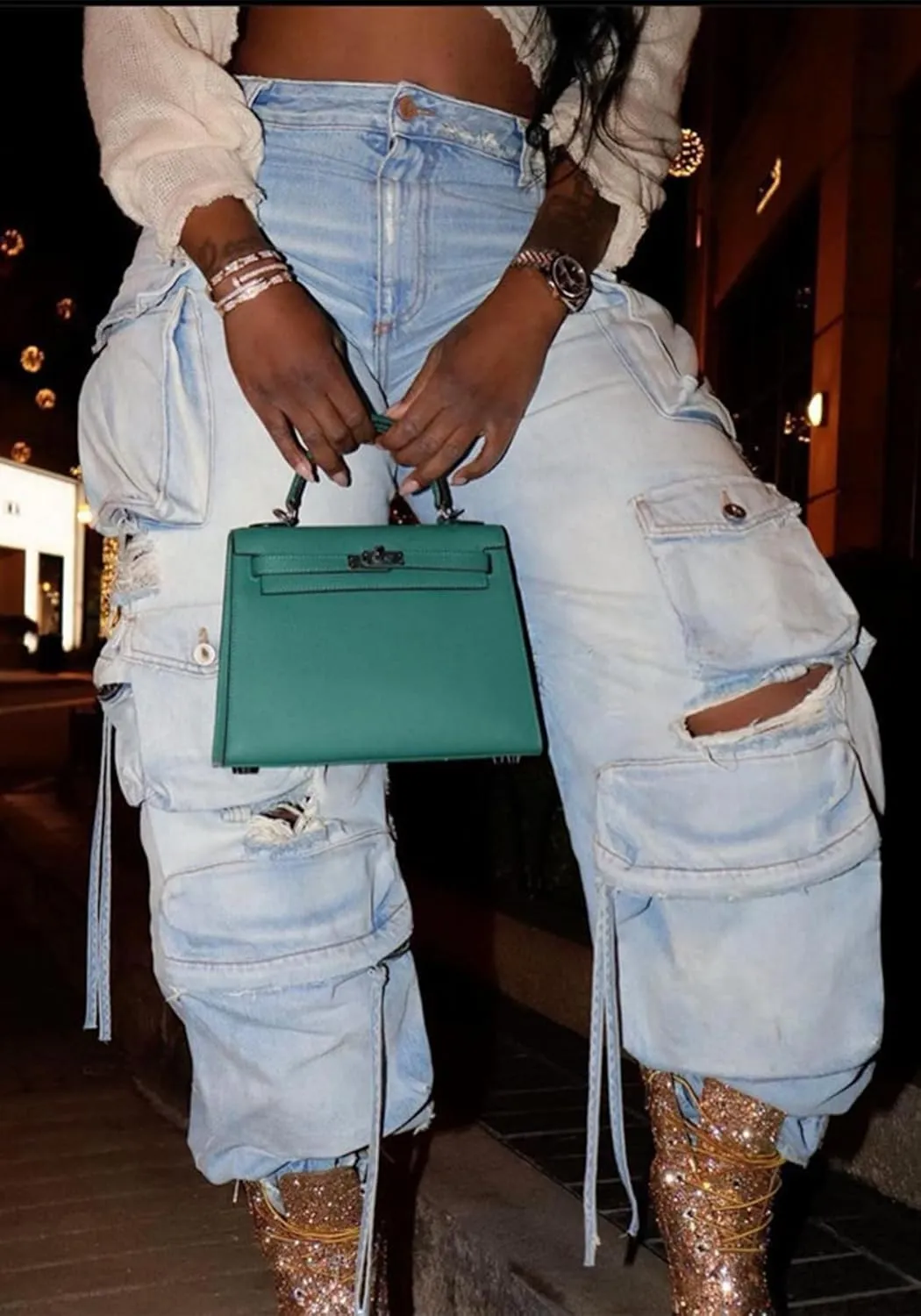 Tbahhir Distressed Ripped Cargo Jeans for Women High Waisted Baggy Wide Leg Boyfriend Y2K Streetwear Denim Pants Trendy