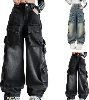 Teen Girls Baggy Jeans Y2k Streetwear Denim Cargo Pants Distressed Elastic High Waist Wide Leg Clothes Hip Star Leggings