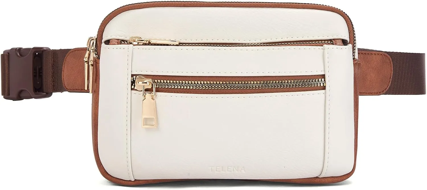 Telena Fanny Packs for Women Cross Body Leather Belt Bag Fashionable with Adjustable Strap Beige Brown