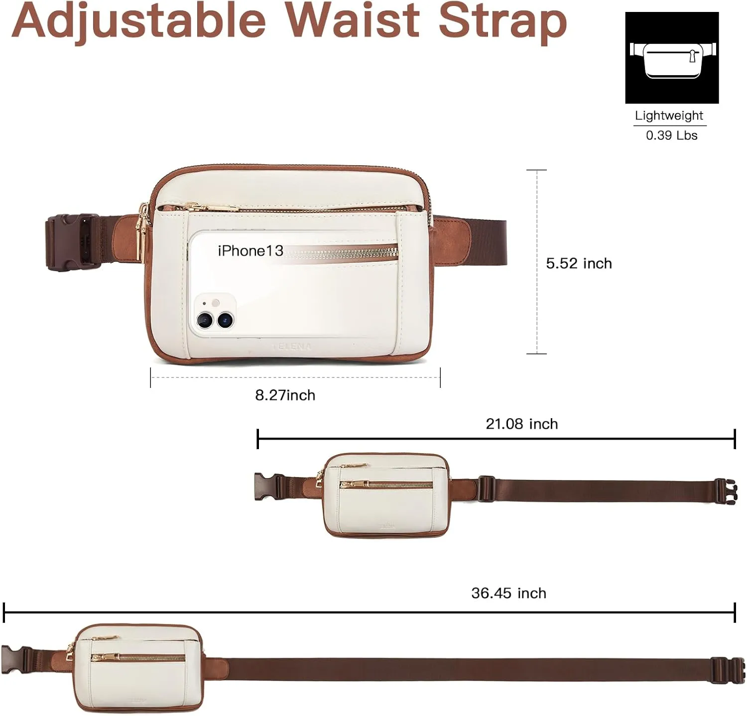 Telena Fanny Packs for Women Cross Body Leather Belt Bag Fashionable with Adjustable Strap Beige Brown