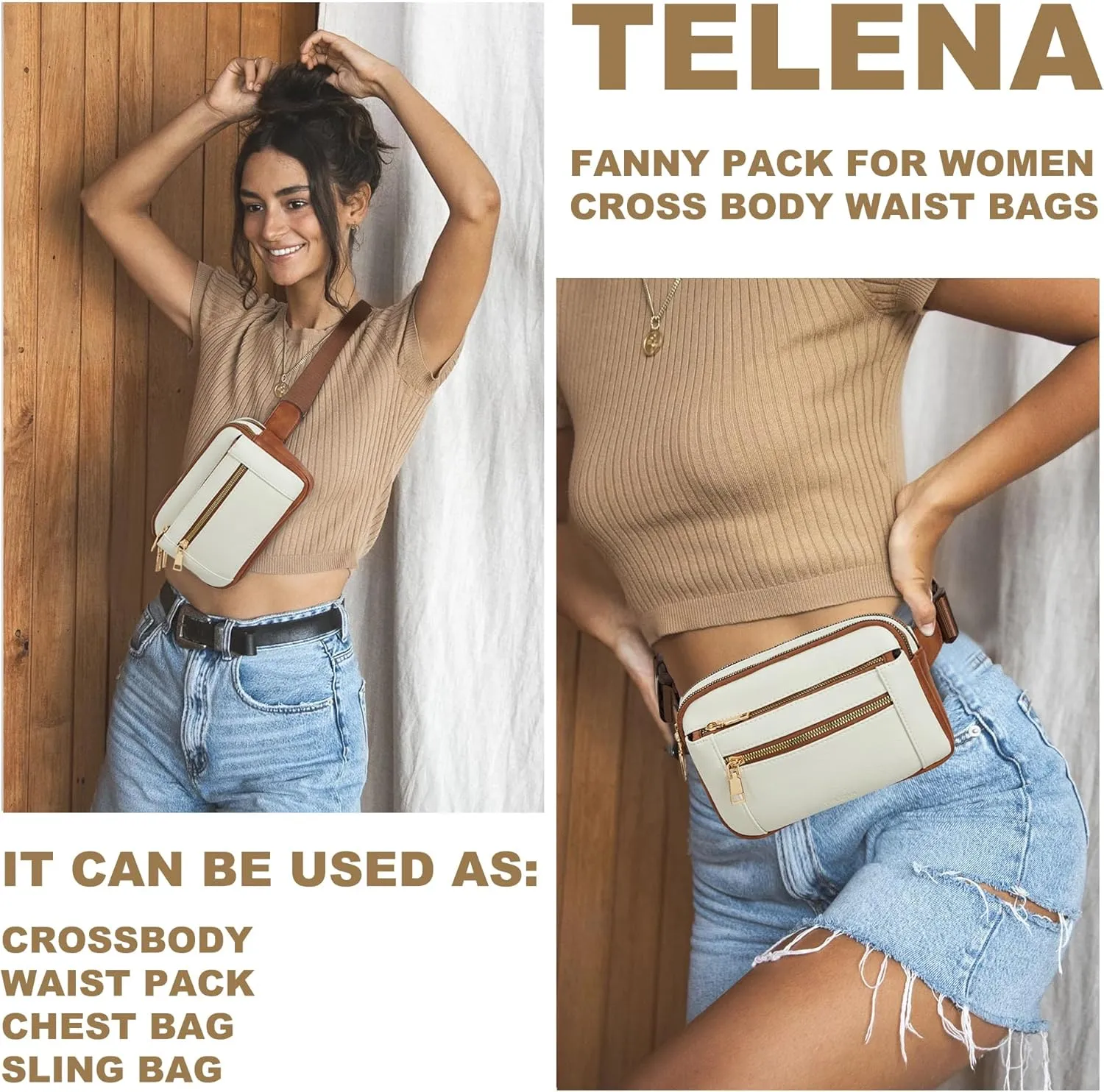 Telena Fanny Packs for Women Cross Body Leather Belt Bag Fashionable with Adjustable Strap Beige Brown