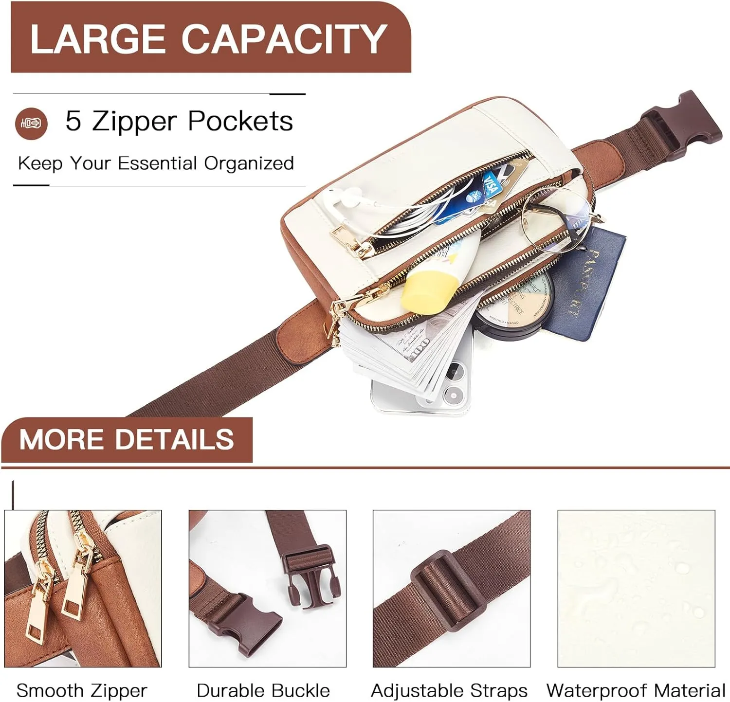Telena Fanny Packs for Women Cross Body Leather Belt Bag Fashionable with Adjustable Strap Beige Brown