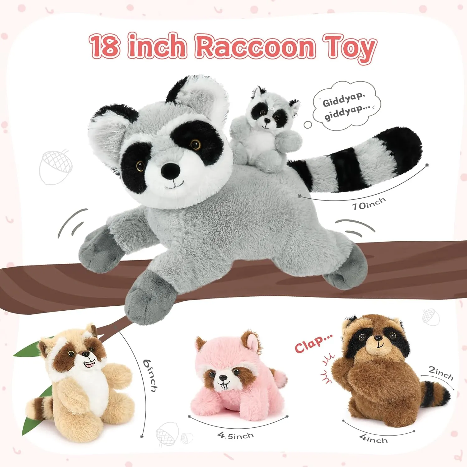 Tezituor 5 Pcs Giant Raccoon Stuffed Animal Set,18 Inches Racoon Plushies with 4 Babies Woodland Farm Party Decor Soft Plush Raccoon Toy for Kids' Birthday Gifts