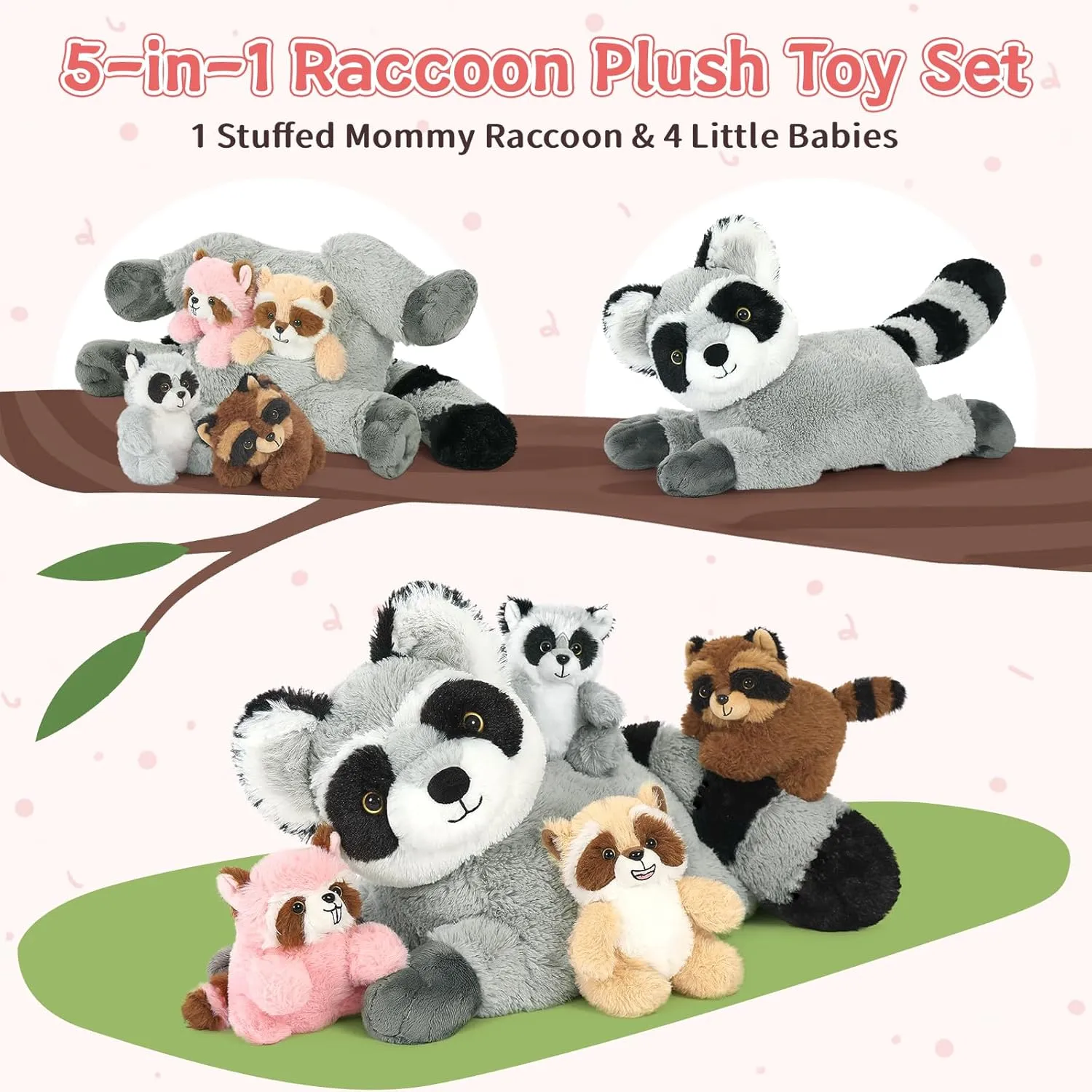 Tezituor 5 Pcs Giant Raccoon Stuffed Animal Set,18 Inches Racoon Plushies with 4 Babies Woodland Farm Party Decor Soft Plush Raccoon Toy for Kids' Birthday Gifts
