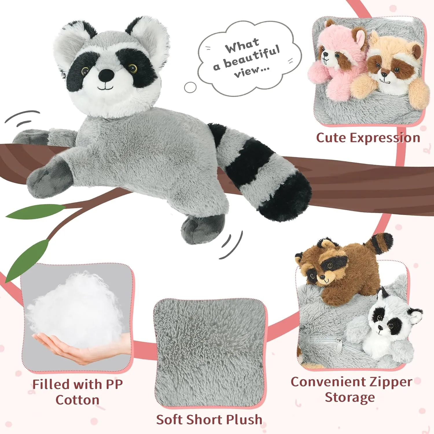 Tezituor 5 Pcs Giant Raccoon Stuffed Animal Set,18 Inches Racoon Plushies with 4 Babies Woodland Farm Party Decor Soft Plush Raccoon Toy for Kids' Birthday Gifts