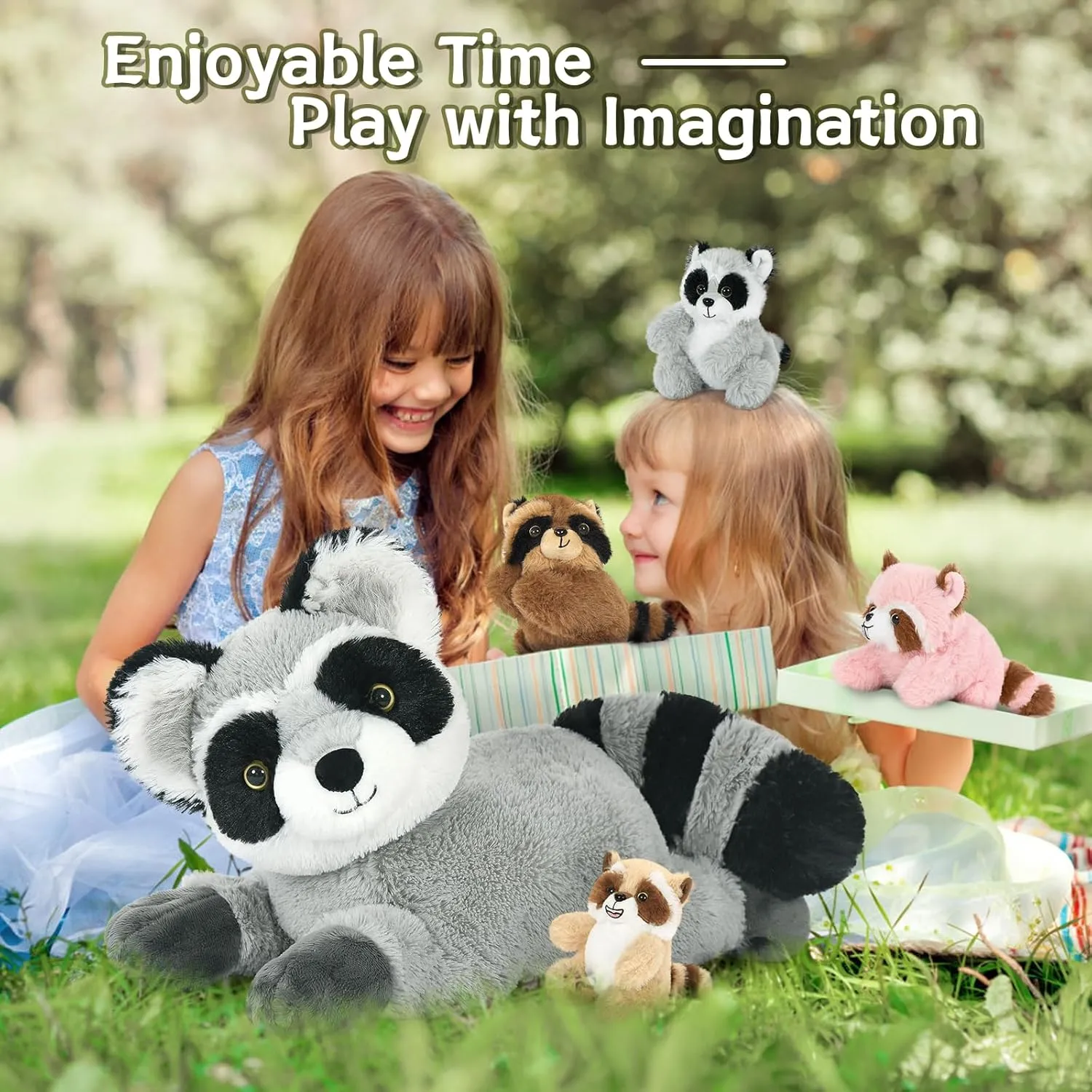 Tezituor 5 Pcs Giant Raccoon Stuffed Animal Set,18 Inches Racoon Plushies with 4 Babies Woodland Farm Party Decor Soft Plush Raccoon Toy for Kids' Birthday Gifts
