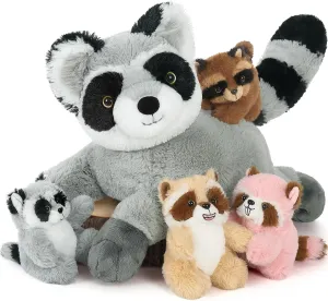 Tezituor 5 Pcs Giant Raccoon Stuffed Animal Set,18 Inches Racoon Plushies with 4 Babies Woodland Farm Party Decor Soft Plush Raccoon Toy for Kids' Birthday Gifts