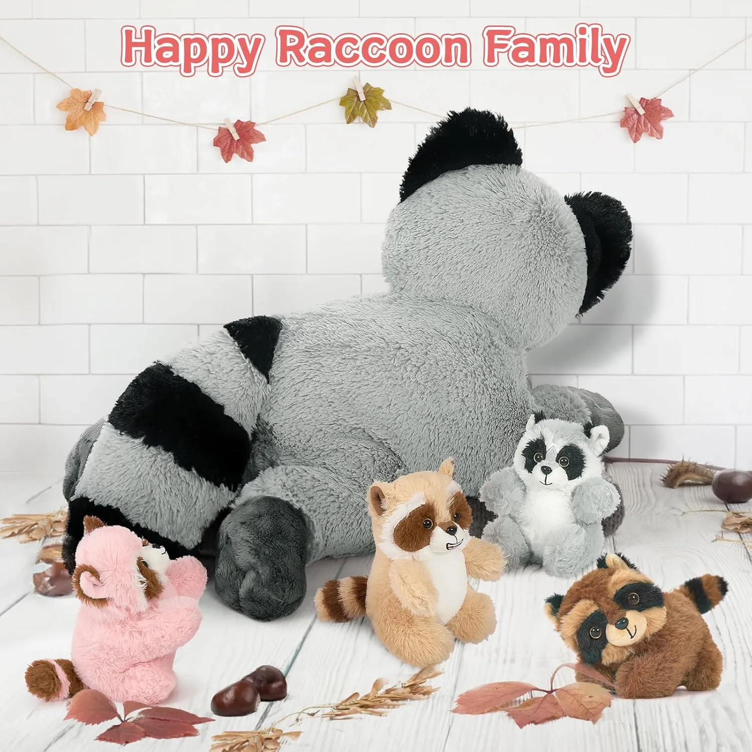 Tezituor 5 Pcs Giant Raccoon Stuffed Animal Set,18 Inches Racoon Plushies with 4 Babies Woodland Farm Party Decor Soft Plush Raccoon Toy for Kids' Birthday Gifts
