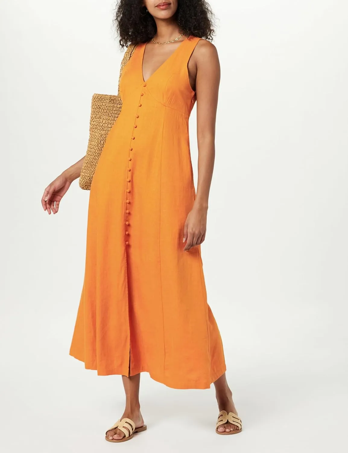 The Drop Women's Blanca Linen Button-Front V-Neck Maxi Dress