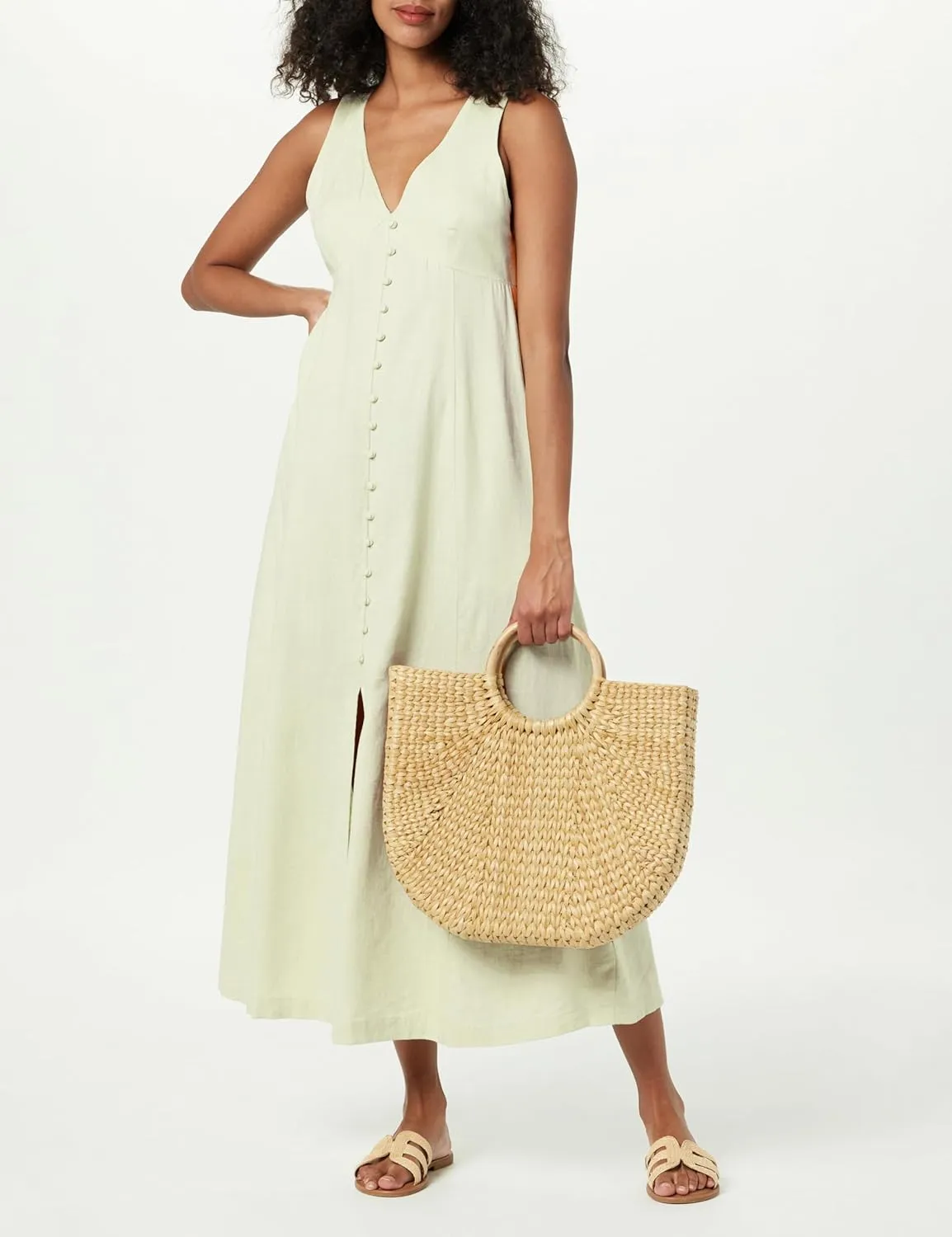 The Drop Women's Blanca Linen Button-Front V-Neck Maxi Dress