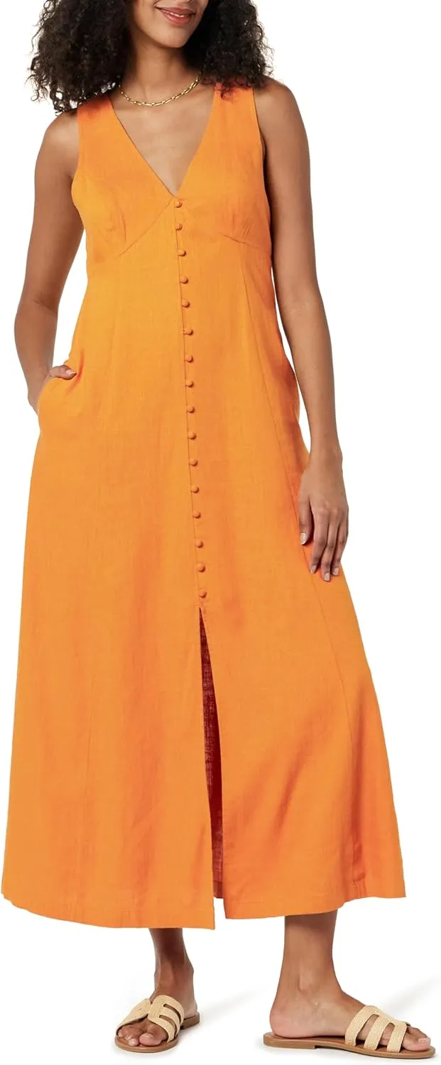 The Drop Women's Blanca Linen Button-Front V-Neck Maxi Dress