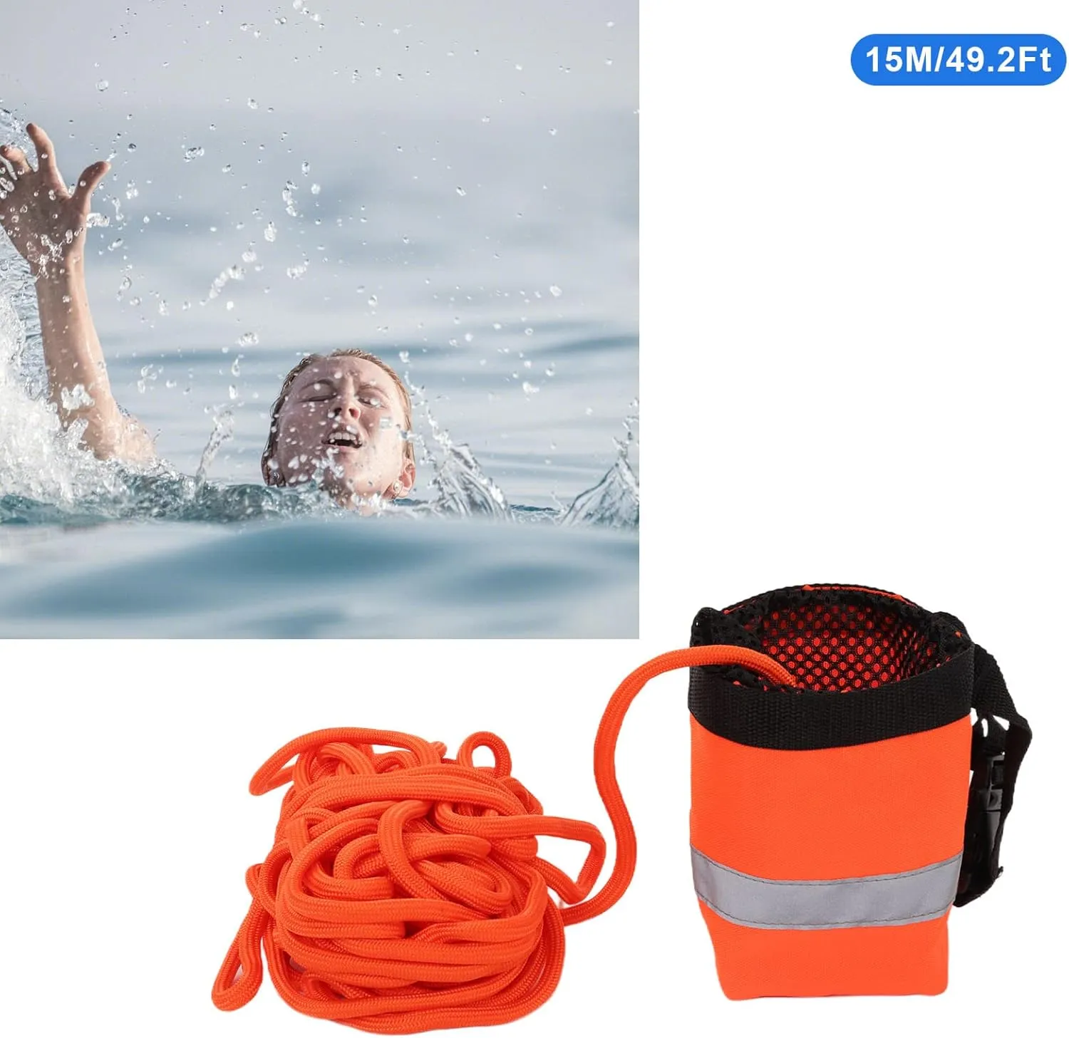 Throw Rope Bag, Life Saving Reflective Rope, Water Floating Rope,Floating Rope Bag for Water Sports, Water Rescuing, 15M/49.2Ft, Breathable Oxford Cloth
