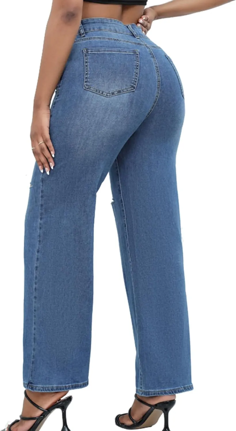 THUNDER STAR Womens High Waisted Wide Leg Jeans Stretchy Distressed Denim Pants