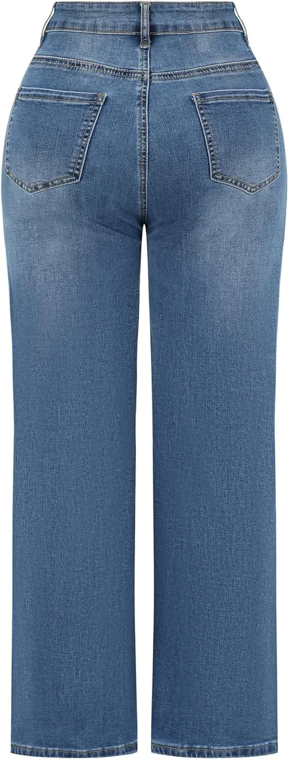 THUNDER STAR Womens High Waisted Wide Leg Jeans Stretchy Distressed Denim Pants