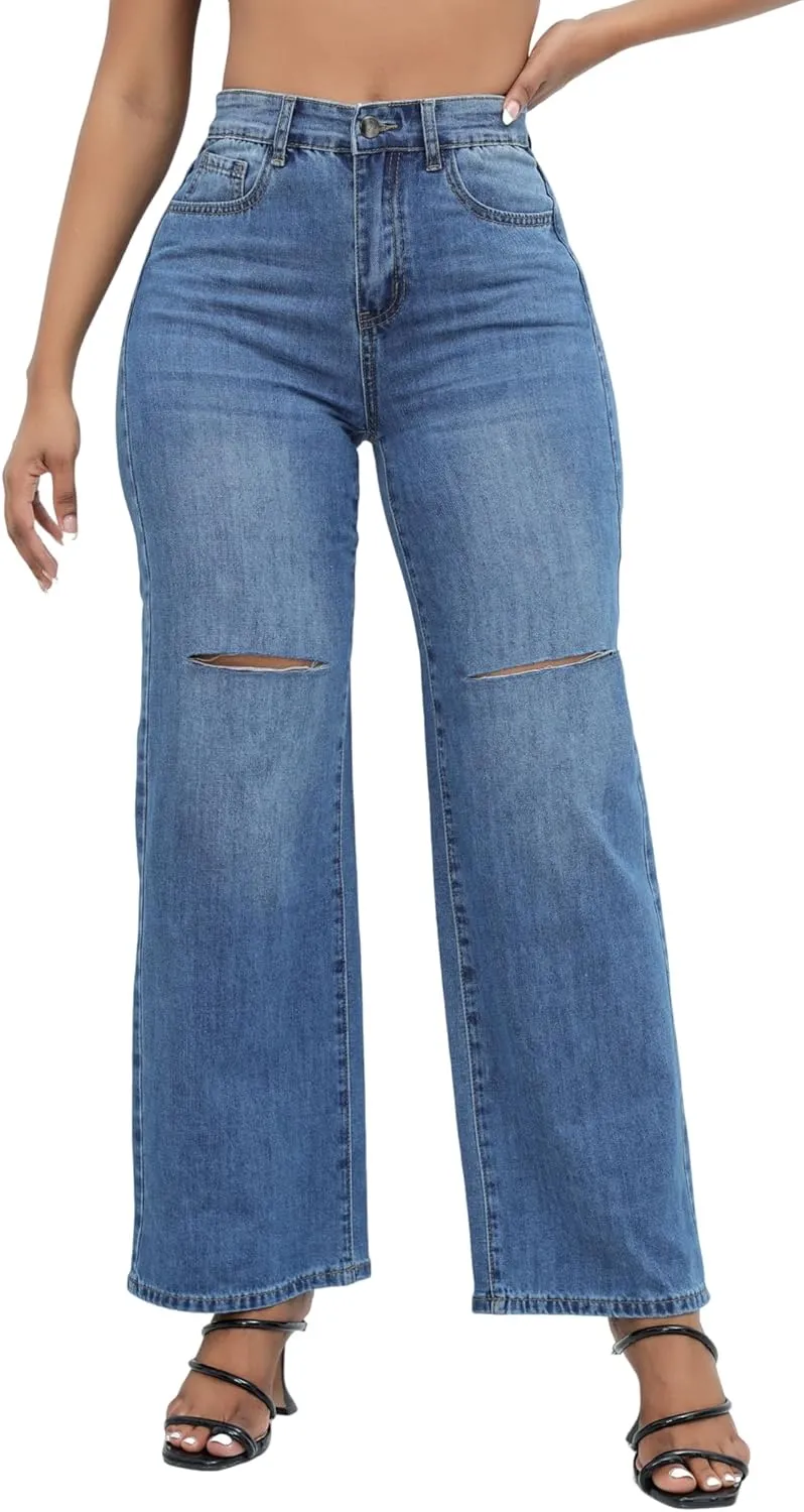 THUNDER STAR Womens High Waisted Wide Leg Jeans Stretchy Distressed Denim Pants