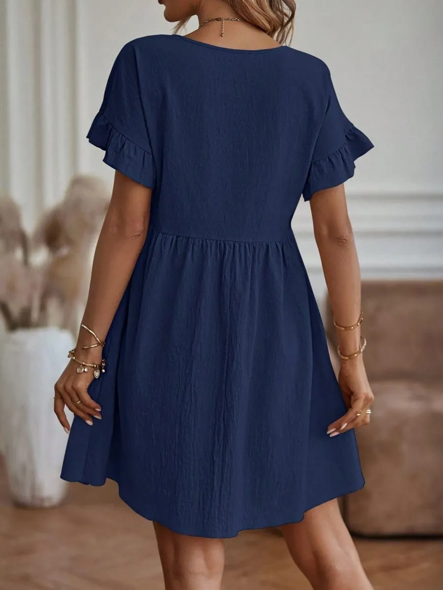 TIAFORD Women Round Neck Cotton Linen Dress Casual Loose Solid Short Ruffle Sleeve High Waist Linen Mini Babydoll Dress
