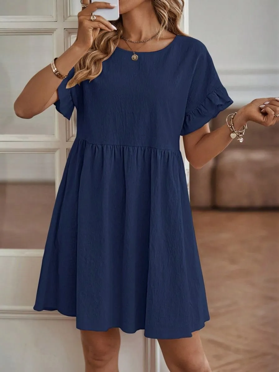 TIAFORD Women Round Neck Cotton Linen Dress Casual Loose Solid Short Ruffle Sleeve High Waist Linen Mini Babydoll Dress