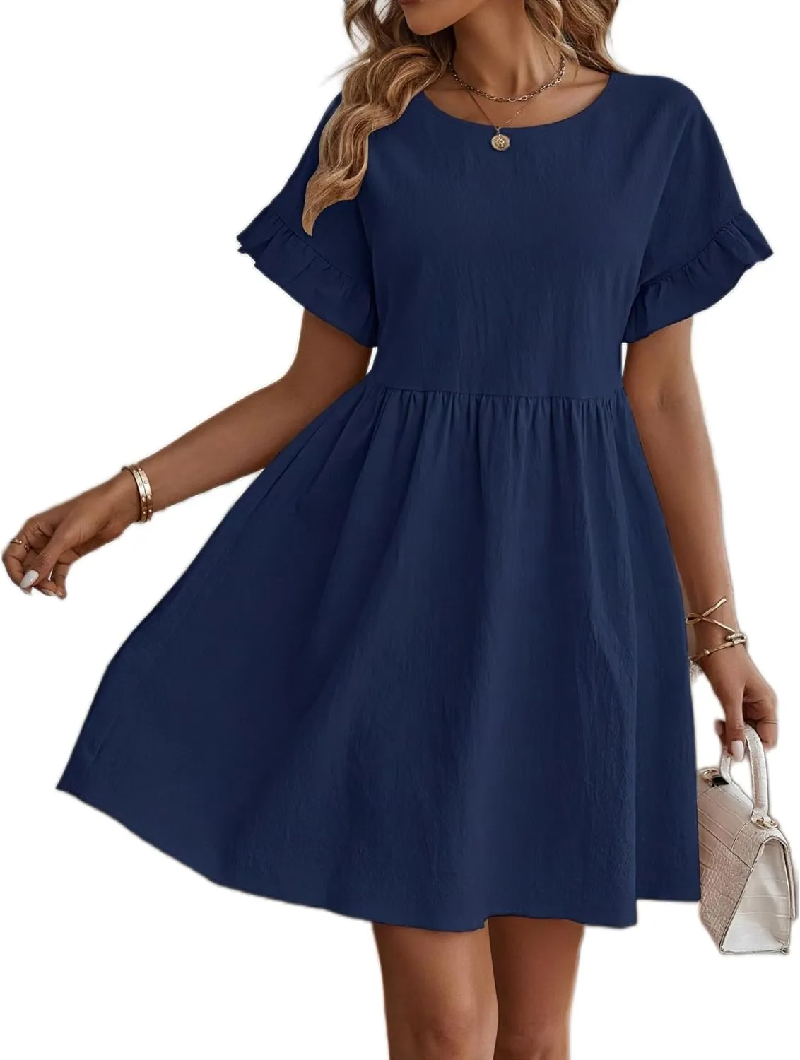 TIAFORD Women Round Neck Cotton Linen Dress Casual Loose Solid Short Ruffle Sleeve High Waist Linen Mini Babydoll Dress