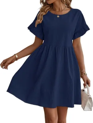 TIAFORD Women Round Neck Cotton Linen Dress Casual Loose Solid Short Ruffle Sleeve High Waist Linen Mini Babydoll Dress
