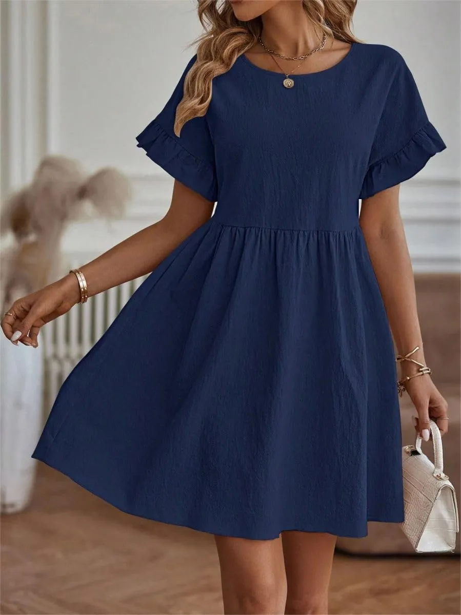 TIAFORD Women Round Neck Cotton Linen Dress Casual Loose Solid Short Ruffle Sleeve High Waist Linen Mini Babydoll Dress