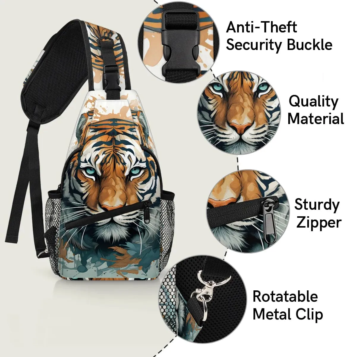 Tiger Sling Bag for Women Men, Waterproof Crossbody Sling Backpack Travel Outdoor Sports Chest Bag