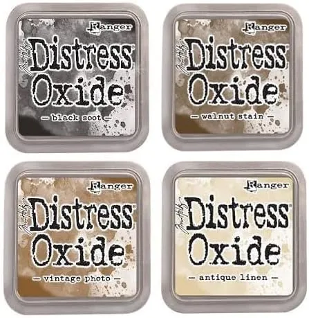 Tim Holtz Ranger Distress Oxide Ink Bundle - Four 3" x 3" Pads (E : Black Soot, Walnut Stain, Vintage Photo, and Antique Linen)