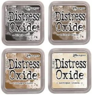 Tim Holtz Ranger Distress Oxide Ink Bundle - Four 3" x 3" Pads (E : Black Soot, Walnut Stain, Vintage Photo, and Antique Linen)