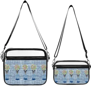 Topiary Blue Roses Ginger Jars Transparent Cross Bag Two-piece Set, Fashionable Transparent Bag