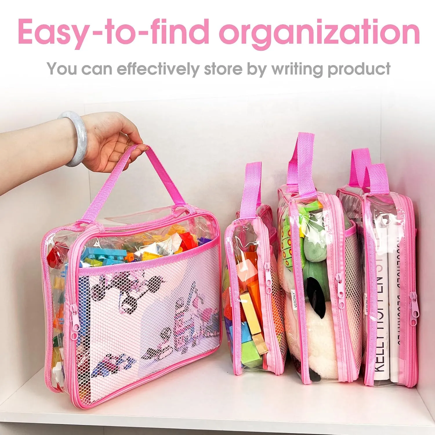 Toy Zippered Blocks Set Storage Bags for boy girls - 4PC Large PVC Storage Organizer Bags with Mesh Side Pockets for Puzzle, Clay, Book, Small Models and Mini Plush Toys. XL: 10.4" x3 "x13.3