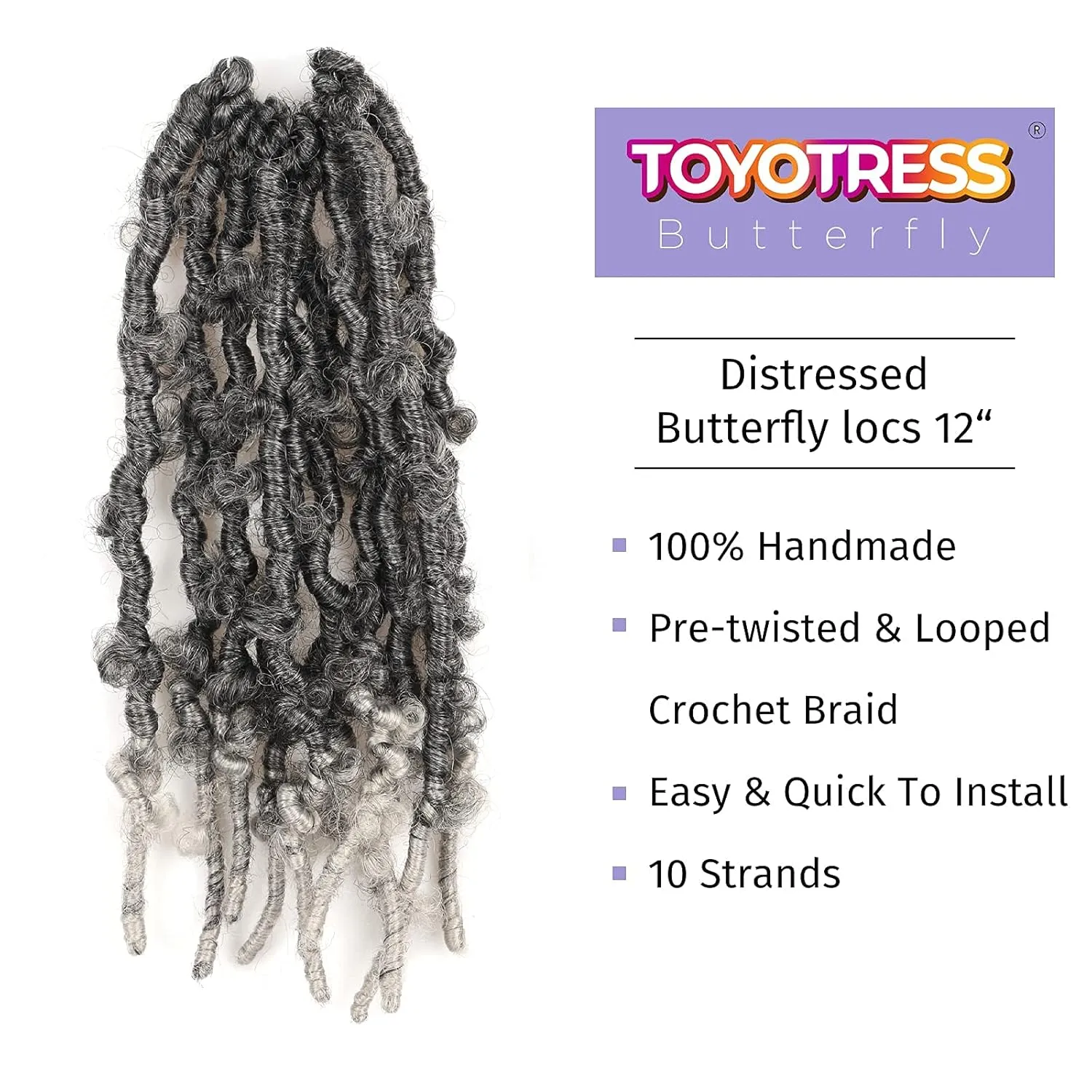 ToyoTress Butterfly Locs Crochet Hair - 12 inch 8 Pcs Ombre Gray Faux Locs Pre-twisted Distressed Crochet Braids Pre-looped Synthetic Braiding Hair Extensions (12 Inch,T-Gray-8P)