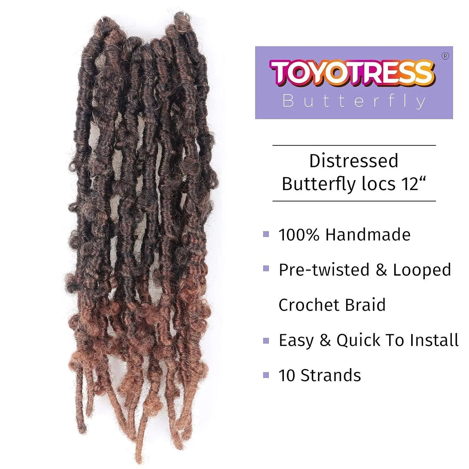 TOYOTRESS Butterfly Locs Crochet Hair - 12 inch 8 Pcs Pre-twisted Distressed Crochet Braids Pre-looped Synthetic Braiding Hair Extensions (12 Inch,T30)