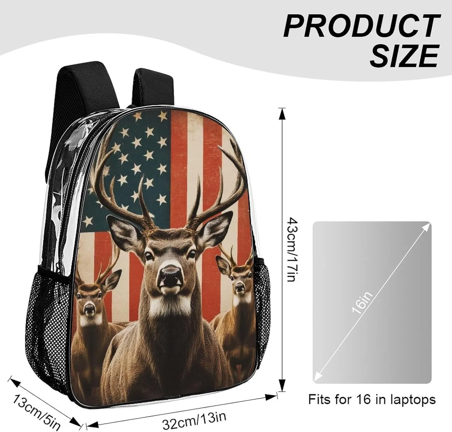 Transparent Daypack Backpack for Climbing Outdoors Running - Big Capacity Multipurpose Anti-Theft Bookbag, American Us Flag Hunting Camo Deer Travel Hiking & Camping Rucksack