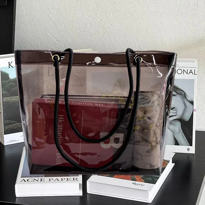 Transparent PVC Pink Tote Bag with Black Handles, Waterproof Storage Organizer for Supermarket, Gym, Travel