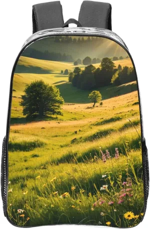 Travel Backpack for Men Women,Stylish Clear Sports Back Pack with Dual Side Mesh Pockets - Sunlit Meadows Print