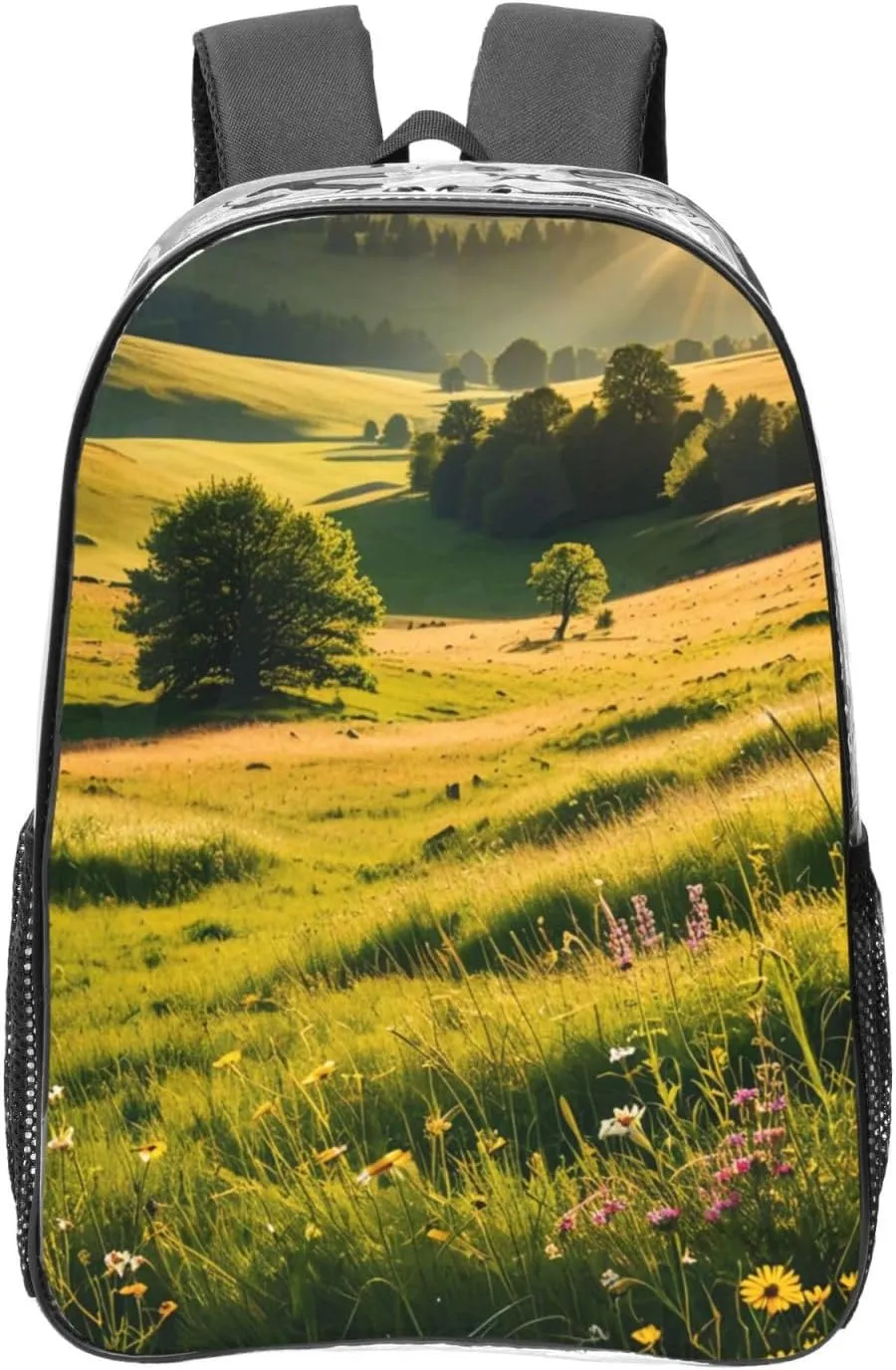 Travel Backpack for Men Women,Stylish Clear Sports Back Pack with Dual Side Mesh Pockets - Sunlit Meadows Print