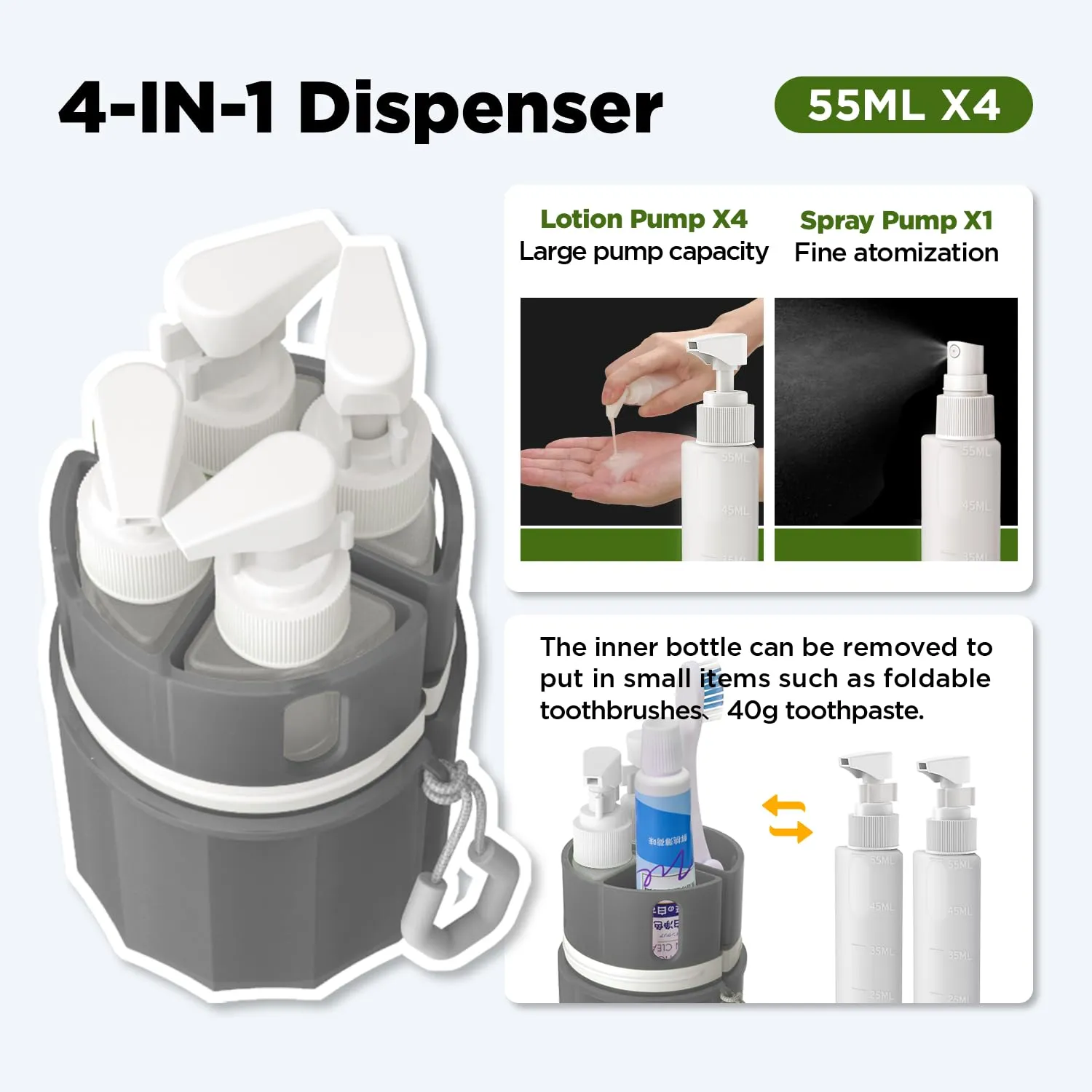 Travel Bottles for Toiletries, TSA Approved Travel Shampoo and Conditioner Bottles with Suction Cups, Gray