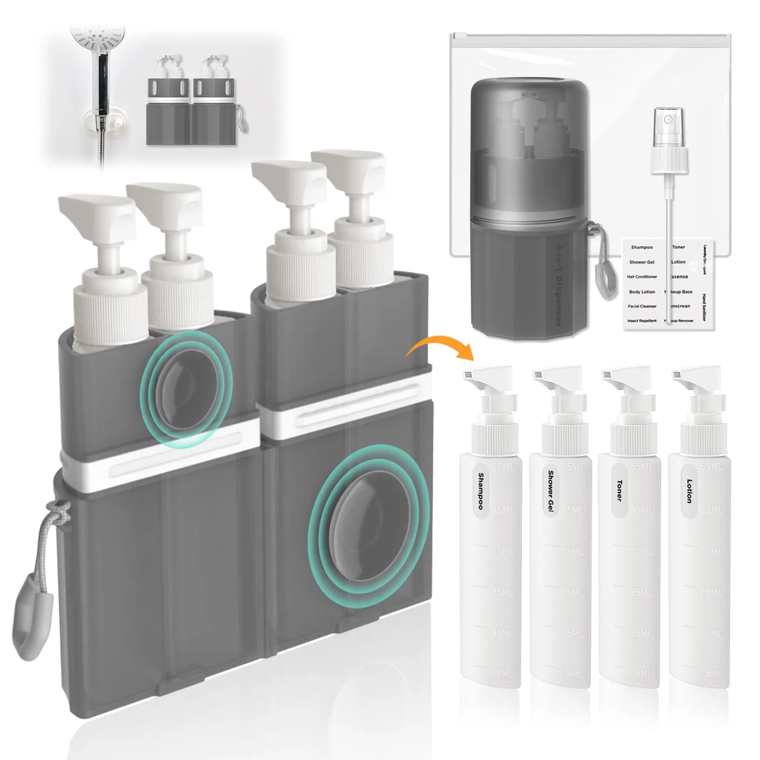 Travel Bottles for Toiletries, TSA Approved Travel Shampoo and Conditioner Bottles with Suction Cups, Gray