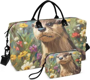 Travel Duffel Bag Beaver Flowers Otter Gym Bag Sports Tote Bag with Multiple Interior Pockets Shoulder Weekender Bag for Women Men with Toiletry Bag 20.5”x 7.9”x 13.8