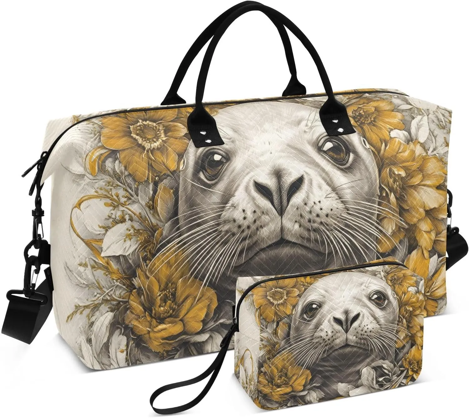 Travel Duffel Bag Seal Floral Cute, Gym Bags with Multiple Interior Pockets for Men Women Toiletry Purse Included 20.5”x 1.9” x 13.8”