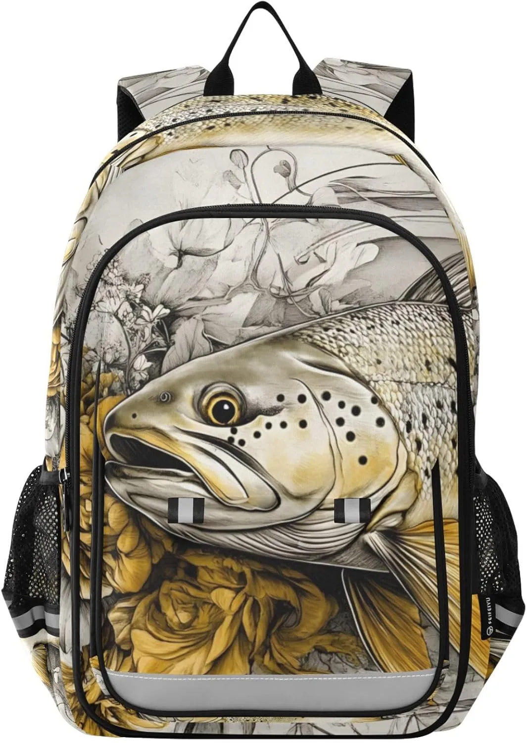Trout Flower Backpack Travel Laptop Daypack Shoulder Bag Book Bag Daypack with Reflective Strip 12.9 ×17.7 Inches